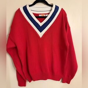 Vintage Claiborne Red V-Neck Sweater with Blue and White Trim